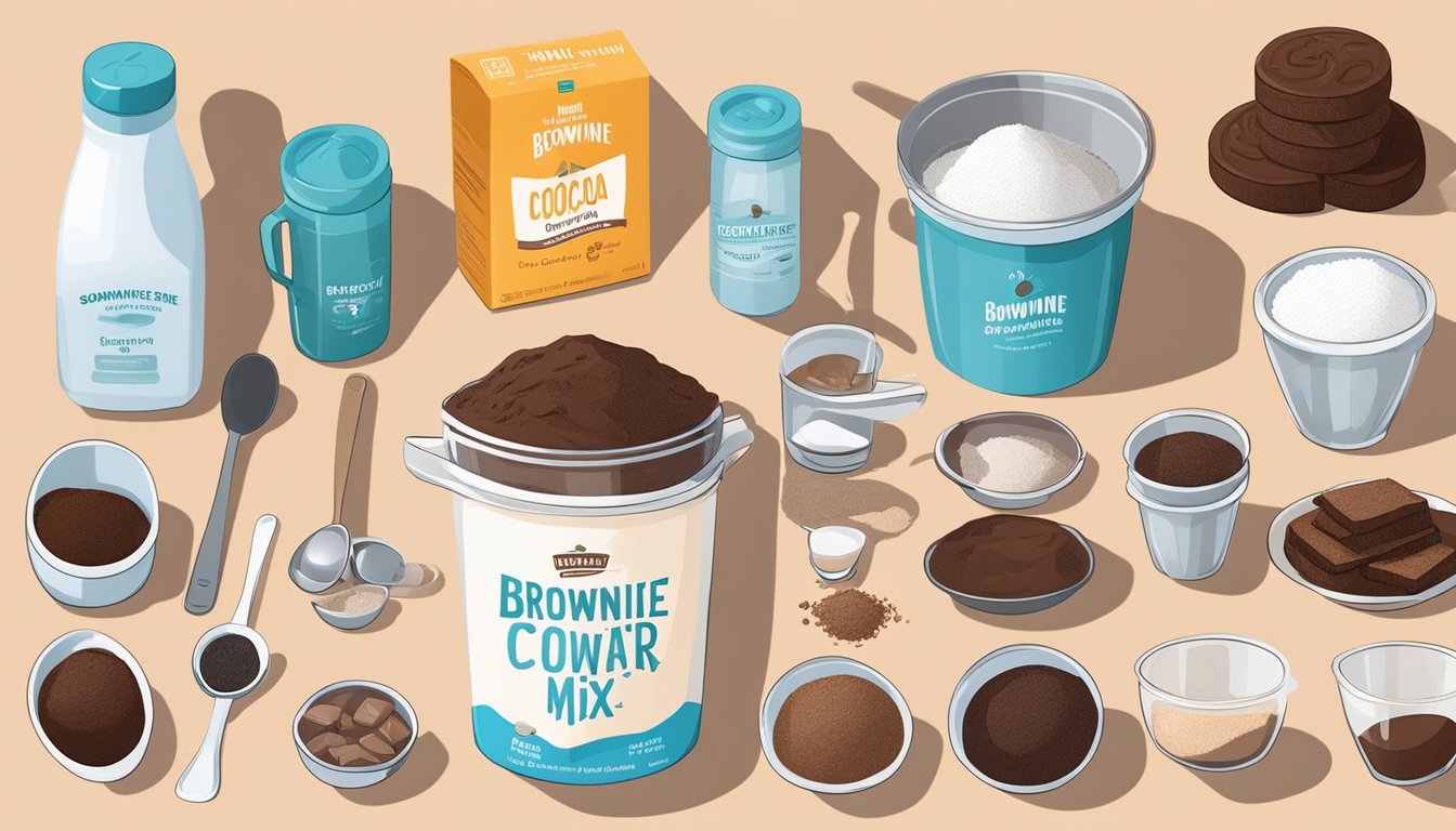 A kitchen counter with various sugar-free brownie mix boxes, measuring cups, and mixing bowls. Ingredients like cocoa powder and sweeteners are scattered around