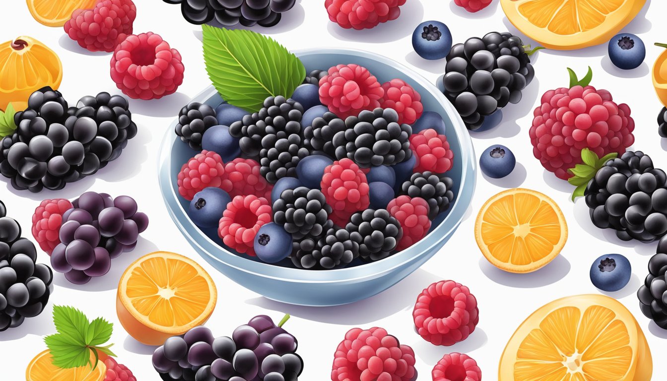 A bowl of assorted frozen fruits, including blackberries, arranged on a white background