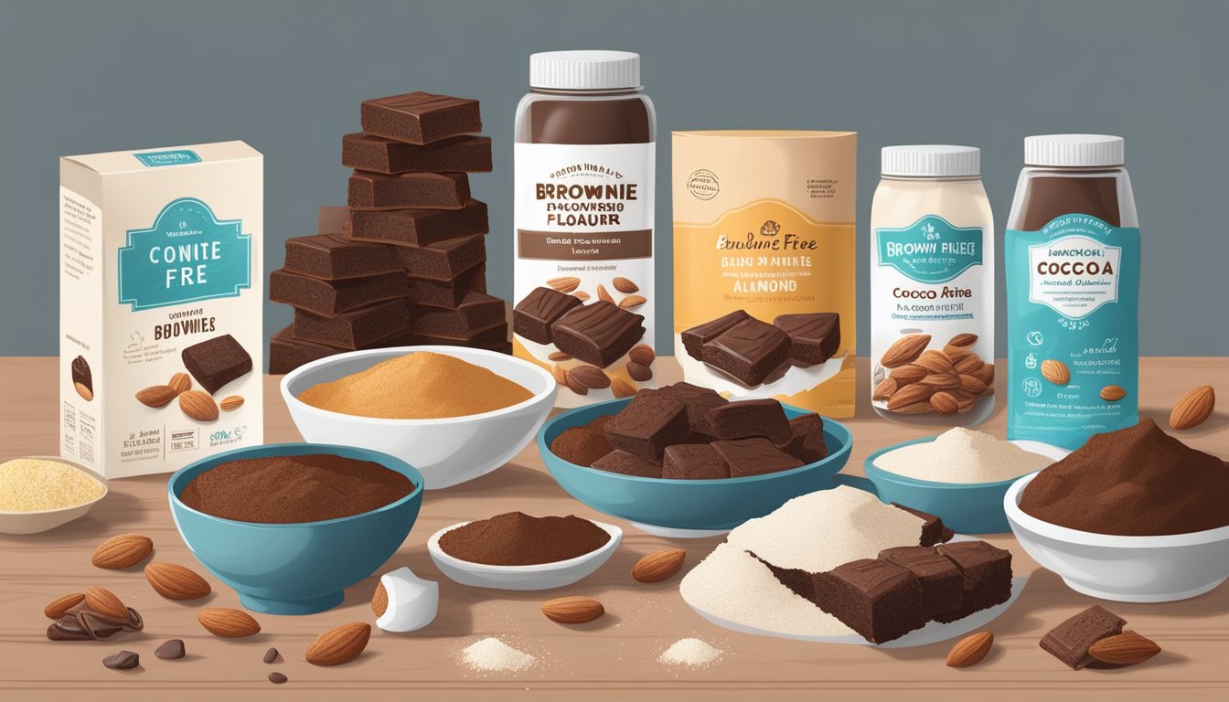 A kitchen counter with a variety of sugar-free brownie mixes, surrounded by ingredients like cocoa powder and almond flour