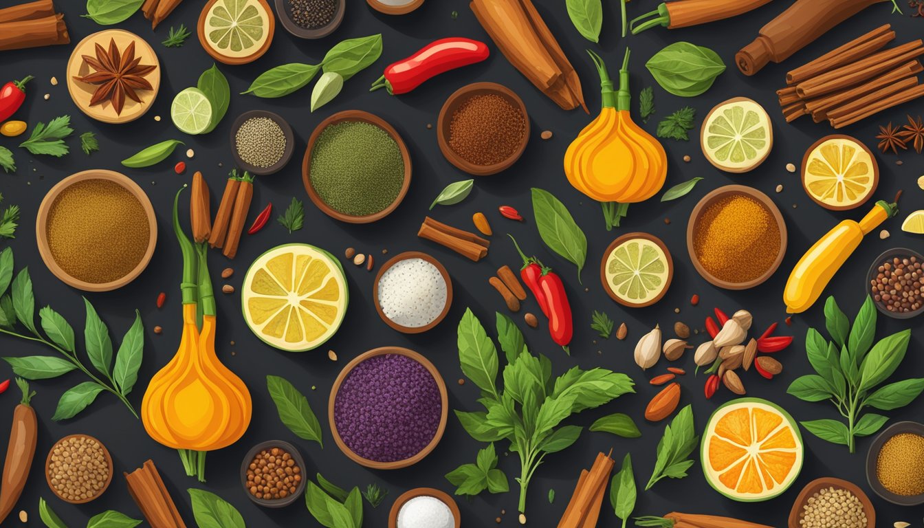 A variety of colorful spices and herbs arranged in a visually appealing pattern, with the Tajin Clasico Seasoning featured prominently in the center