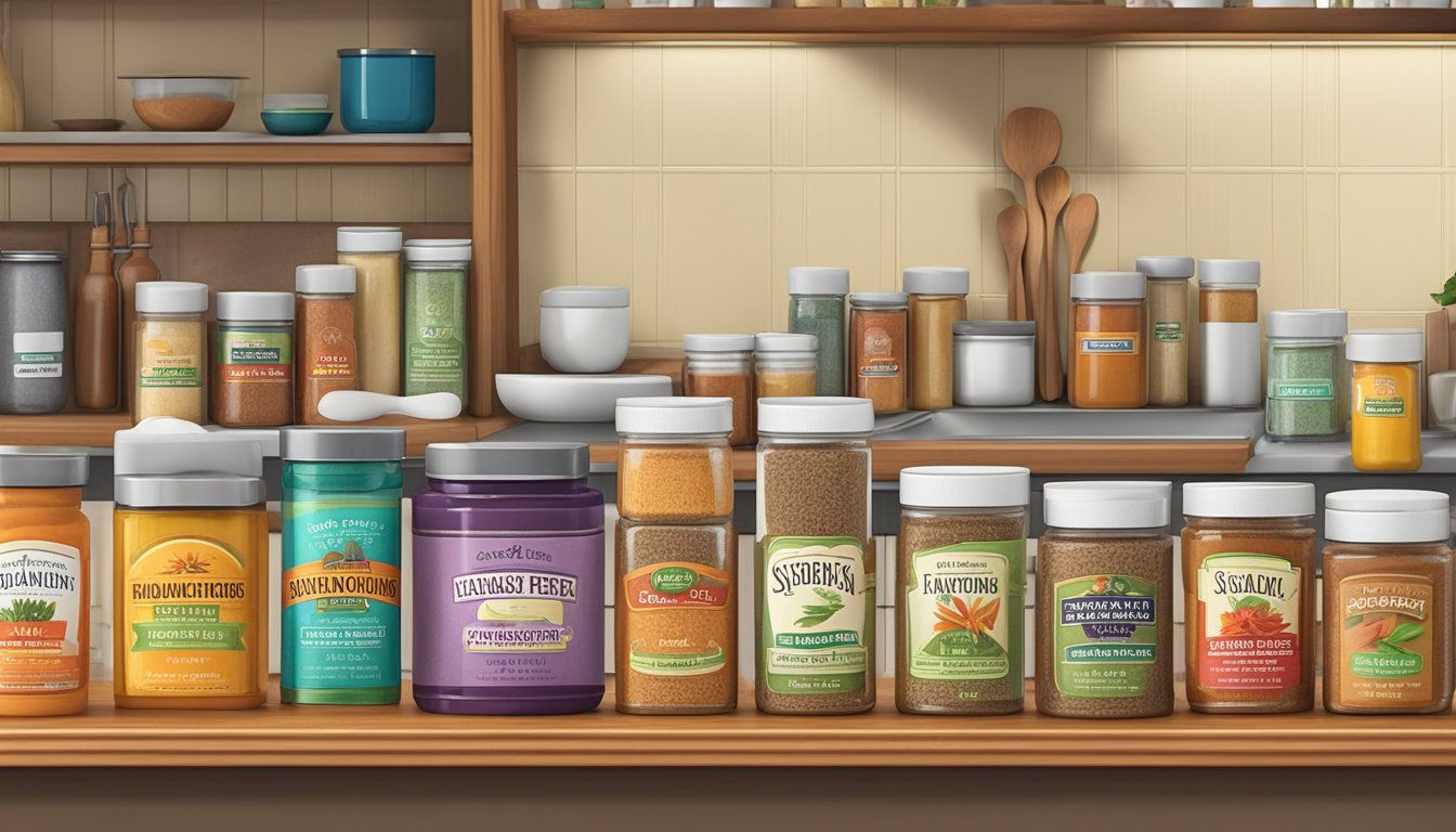 A variety of colorful spice containers arranged on a kitchen counter, with the focus on the Old Bay Seasoning and 9 other sugar-free seasoning blends for diabetics