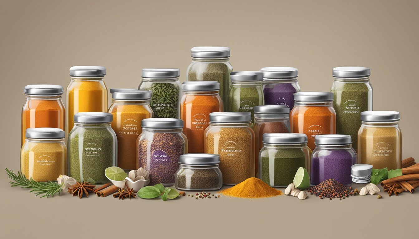 A variety of colorful spice jars arranged on a wooden cutting board, with the Simply Organic All-Purpose Seasoning prominently displayed in the center