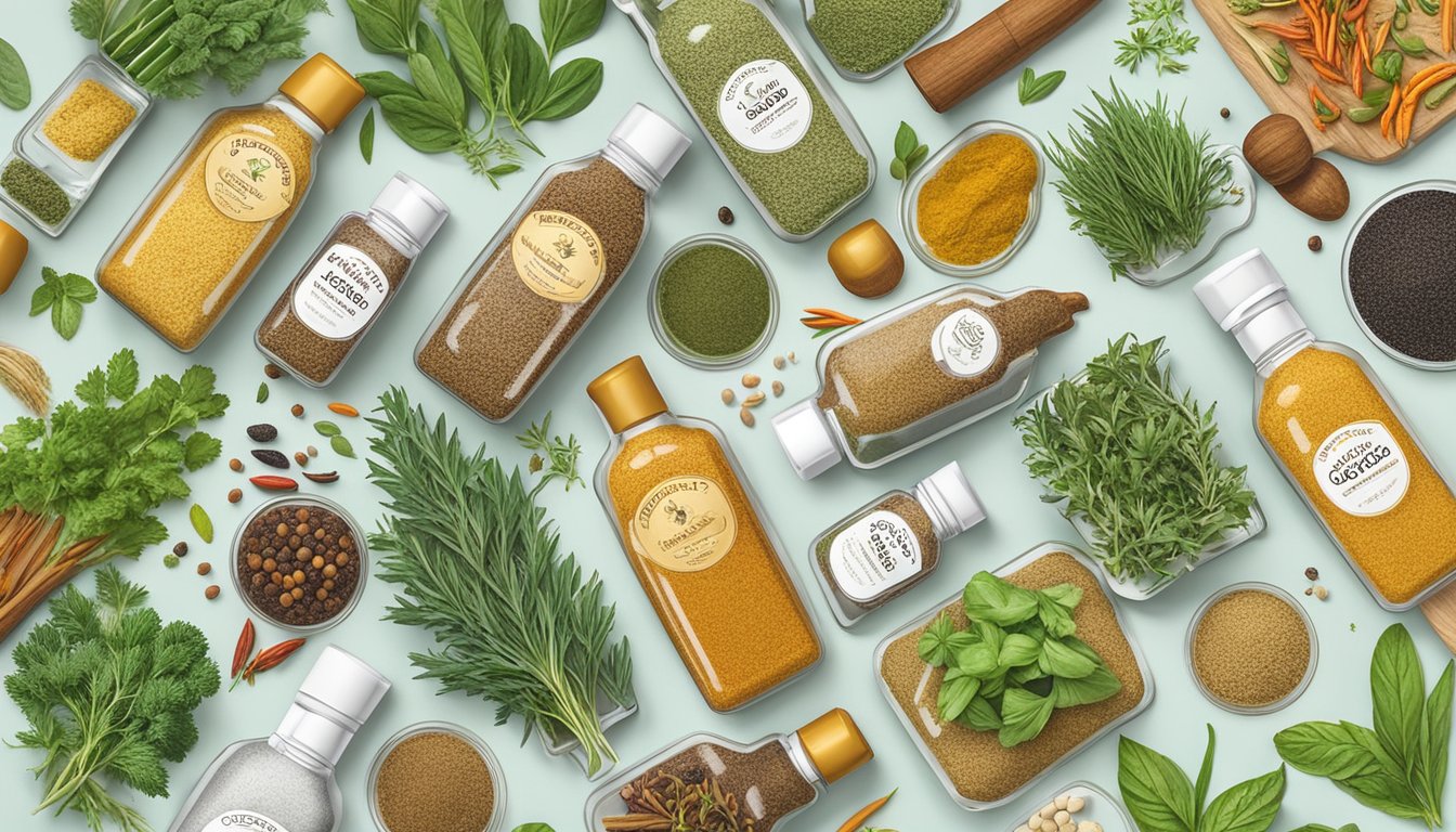 A variety of Flavor God Everything Seasoning bottles arranged on a kitchen counter, surrounded by fresh herbs and spices