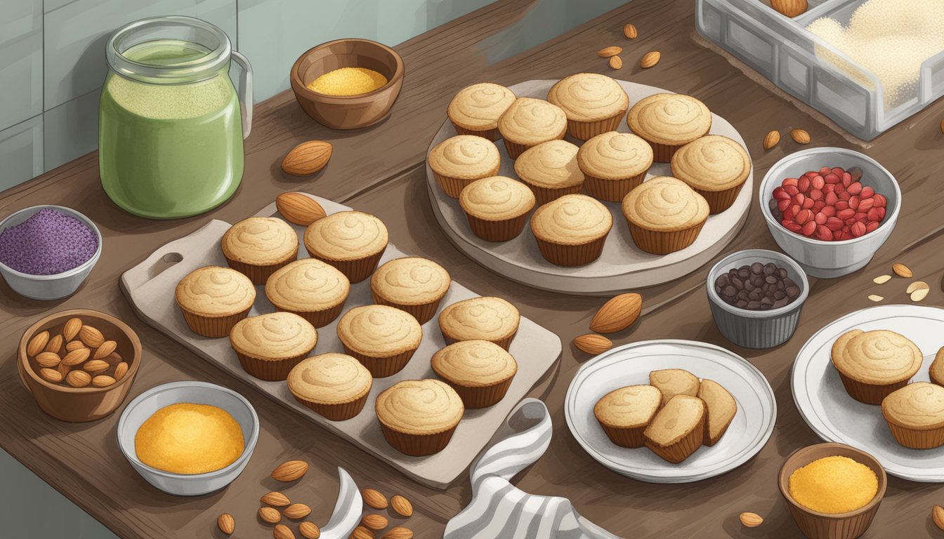 A spread of almond flour muffins and ingredients on a rustic kitchen counter