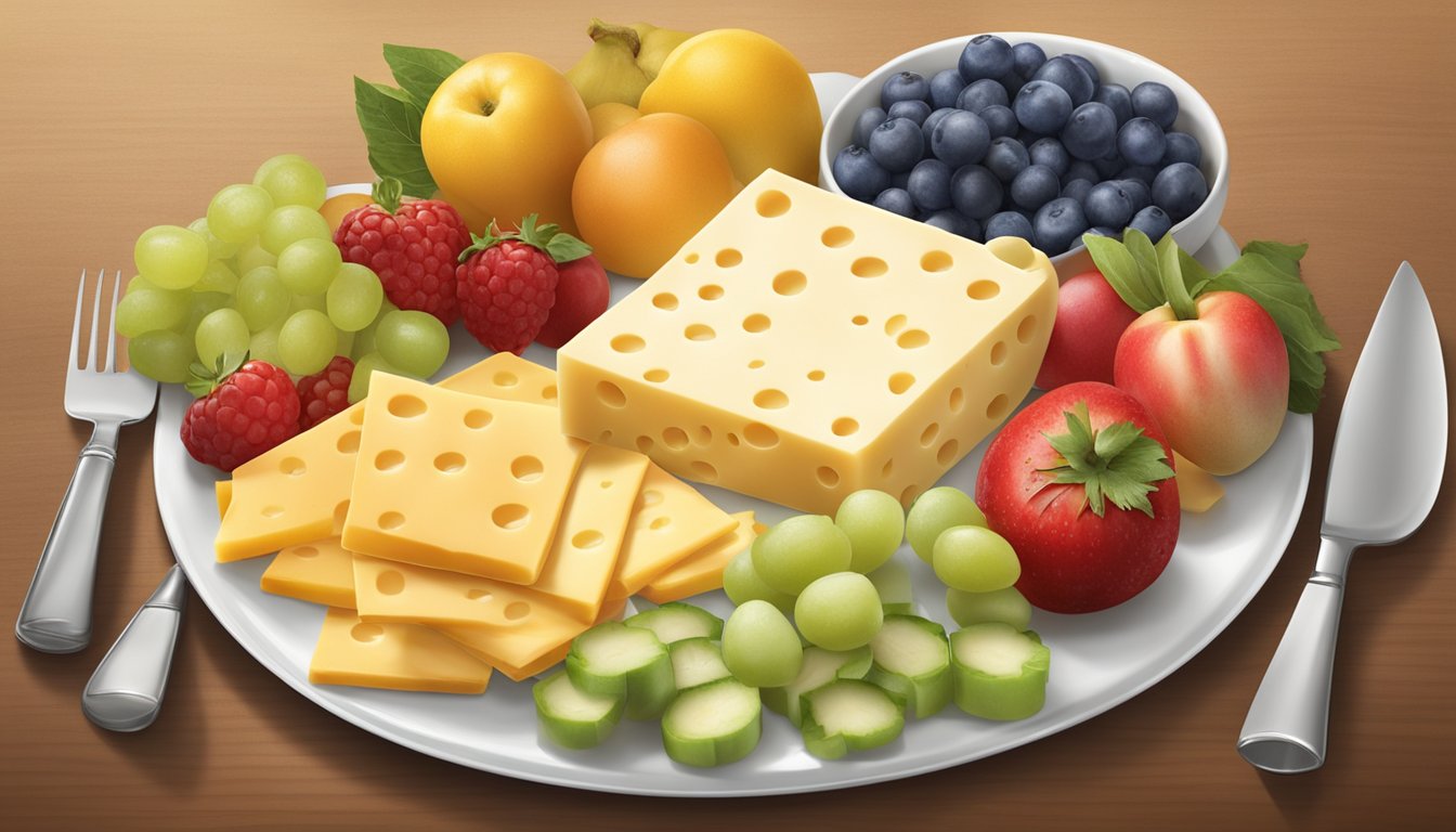 A plate with Sargento Balanced Breaks Cheese & Crackers, surrounded by colorful fruits and vegetables