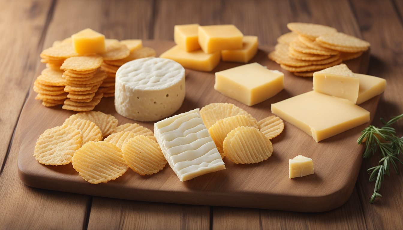 A variety of Parmesan cheese crisps arranged on a wooden cutting board with a selection of other diabetic-friendly cheese snacks in the background