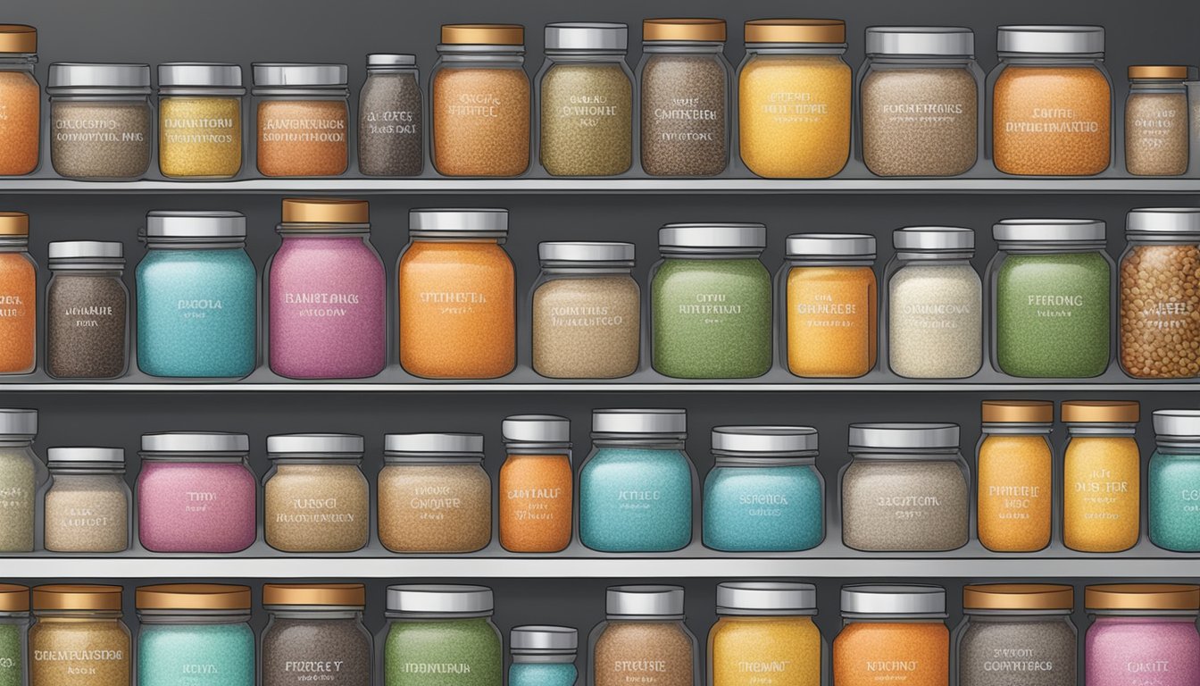 A colorful array of spice jars arranged on a kitchen countertop, each labeled with a different sugar-free seasoning blend