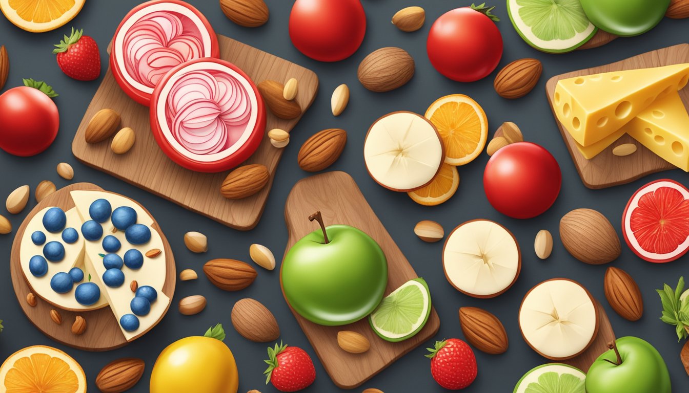 A colorful array of Babybel Light Cheese Rounds surrounded by fresh fruits and nuts on a wooden cutting board