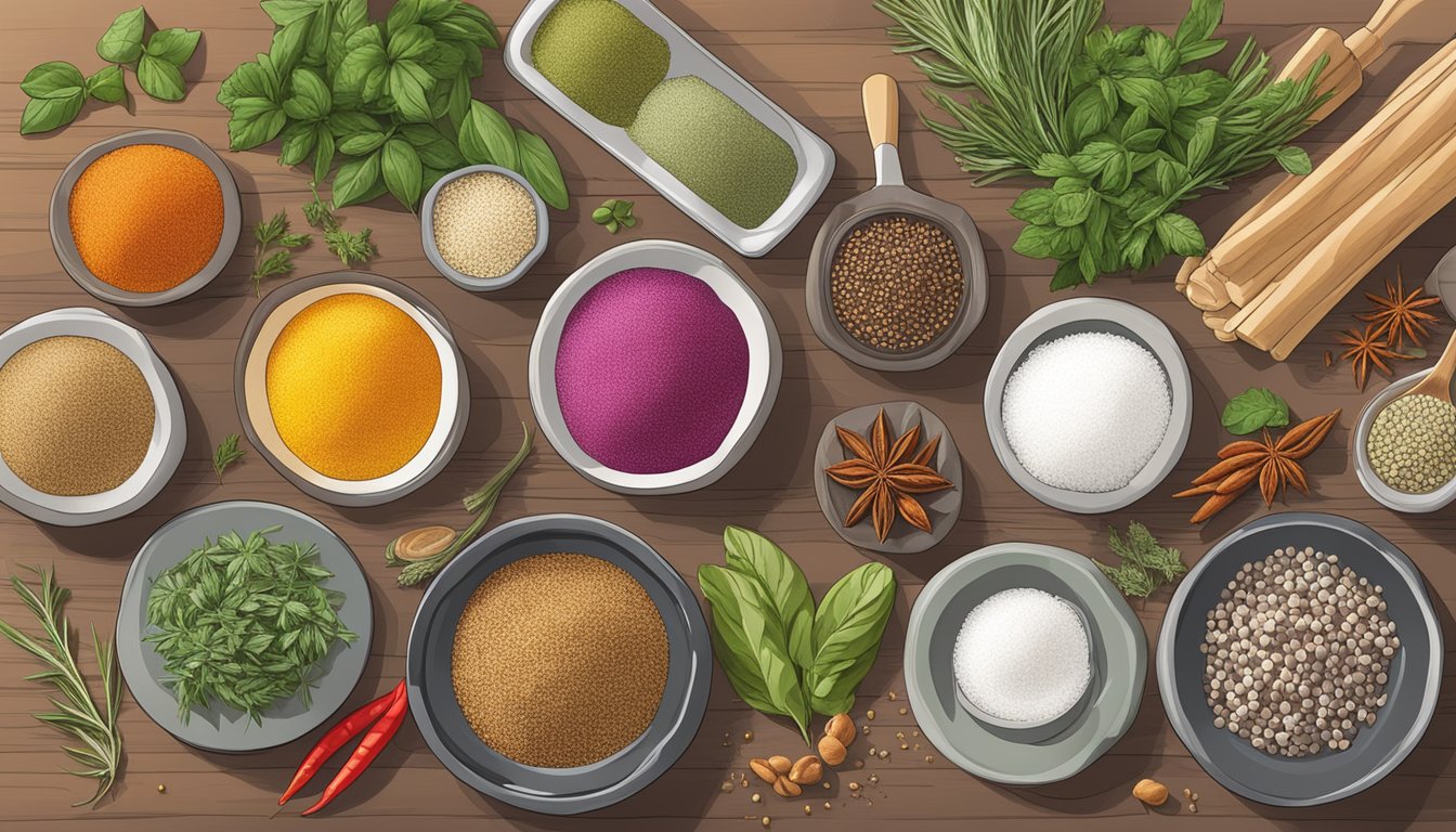 A colorful array of sugar-free seasoning blends arranged on a kitchen counter, surrounded by fresh herbs and spices