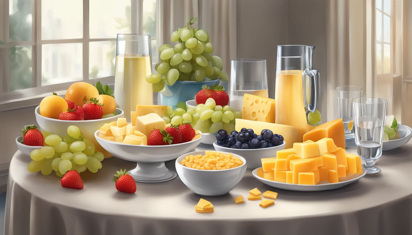 A table with a variety of cheese snacks, a bowl of fresh fruit, and a glass of water, all arranged in an inviting and appetizing display