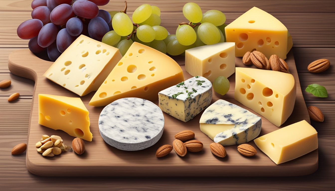 A variety of cheese snacks arranged on a wooden cutting board with grapes and nuts, showcasing different types of diabetic-friendly cheese options