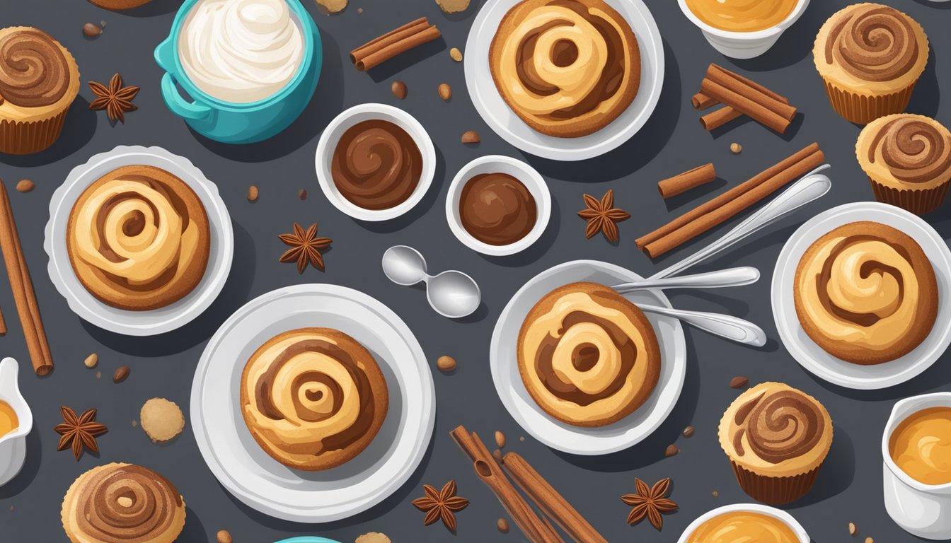 A table with a variety of muffin mixes, including Diabetic Kitchen Cinnamon Roll Muffin Mix, surrounded by ingredients like cinnamon sticks and measuring spoons