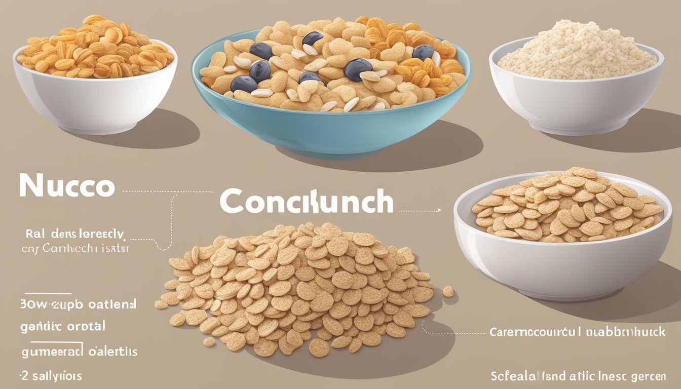 A bowl of NUCO Coconut Crunch Cereal surrounded by 5 different low-carb instant oatmeal options, all labeled as suitable for diabetics