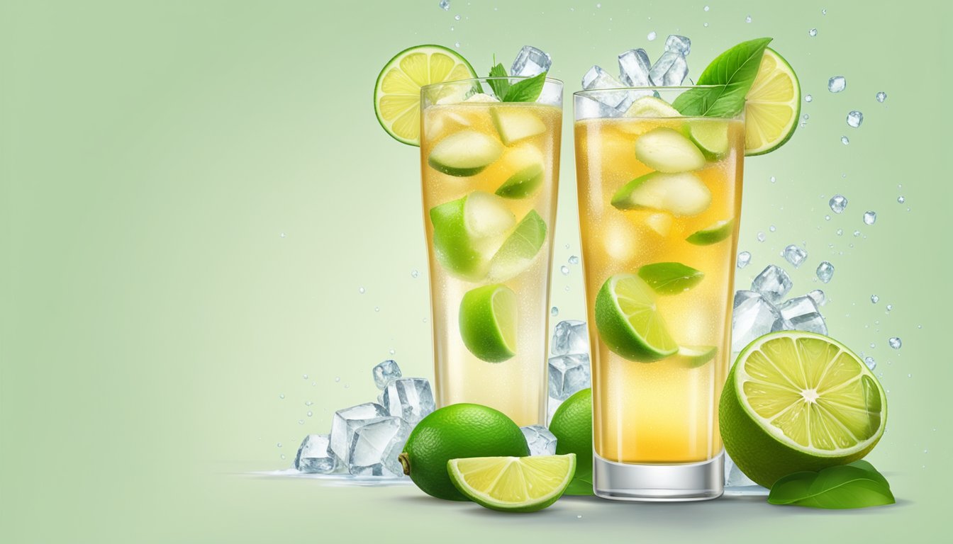 A tall glass filled with ice, ginger beer, and a splash of clear liquid, surrounded by fresh ginger and a slice of lime