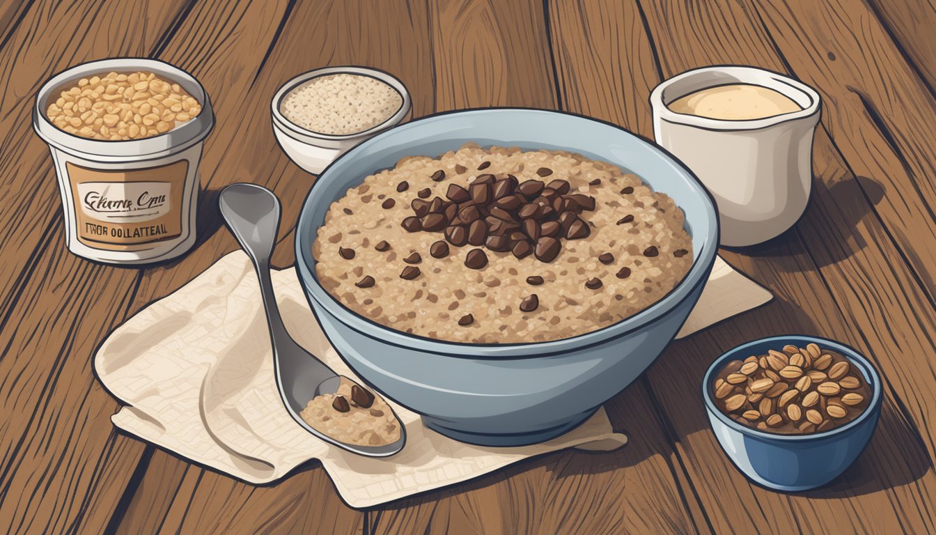 A steaming bowl of chocolate chip keto oatmeal sits on a rustic wooden table, surrounded by packets of low-carb instant oatmeal options