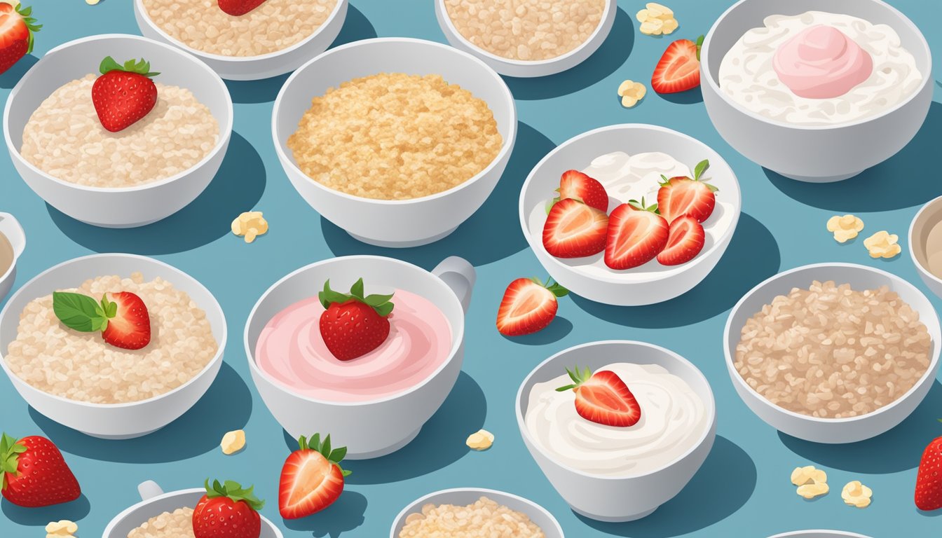 A bowl of HighKey Instant Hot Cereal with strawberries and cream surrounded by 4 other low-carb instant oatmeal options for diabetics