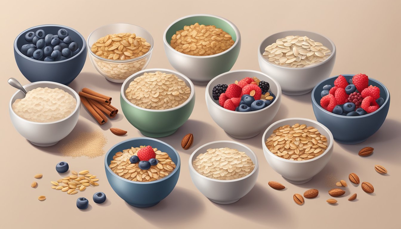 A table with 5 bowls of instant oatmeal, surrounded by diabetic-friendly ingredients like nuts, berries, and cinnamon