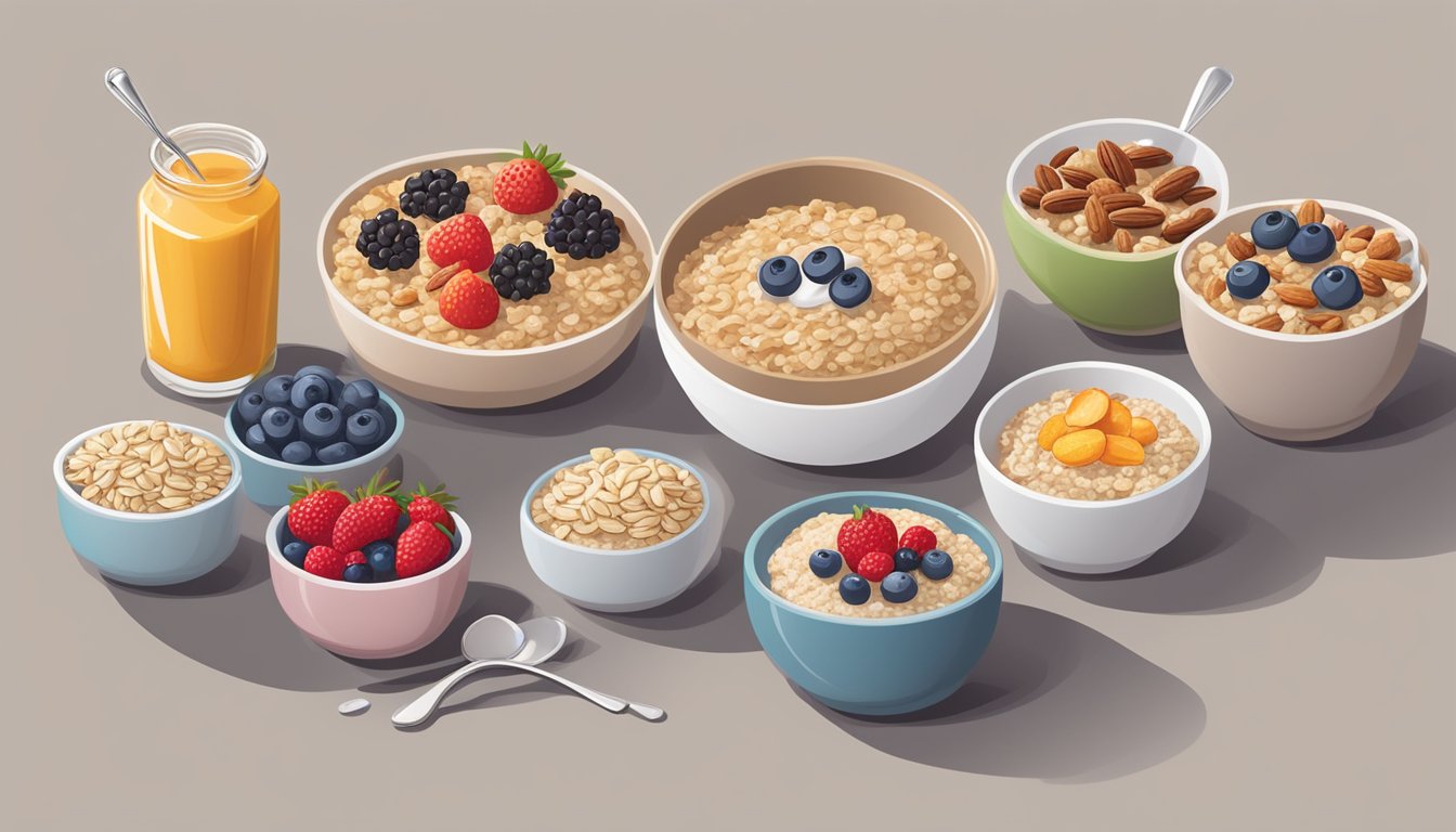 A table with 5 bowls of low-carb instant oatmeal, surrounded by various diabetic-friendly toppings like nuts, berries, and sugar-free syrup