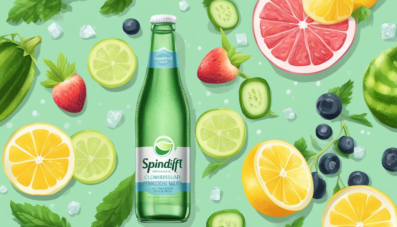 A refreshing glass of Spindrift Cucumber Sparkling Water mixed with sugar-free alcohol, surrounded by fresh fruits and herbs