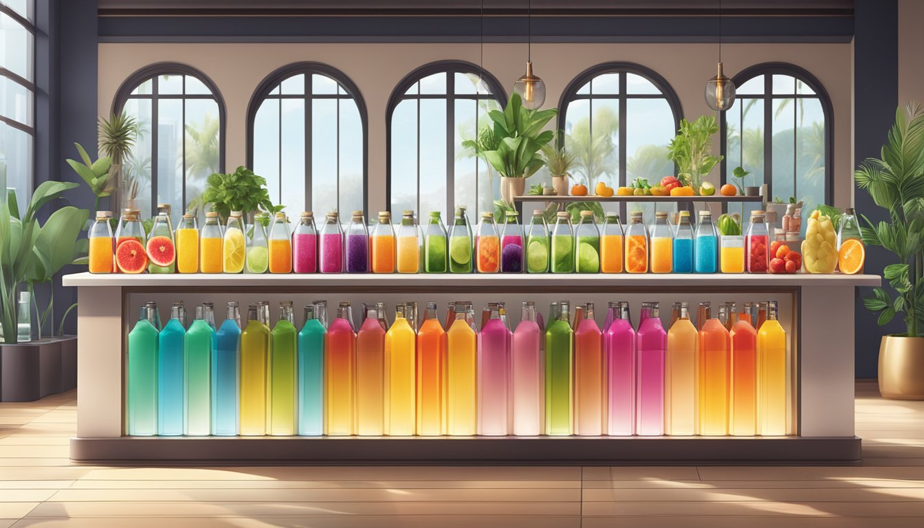 A vibrant array of colorful fruit and herb-infused drink mixers displayed on a sleek, modern bar counter