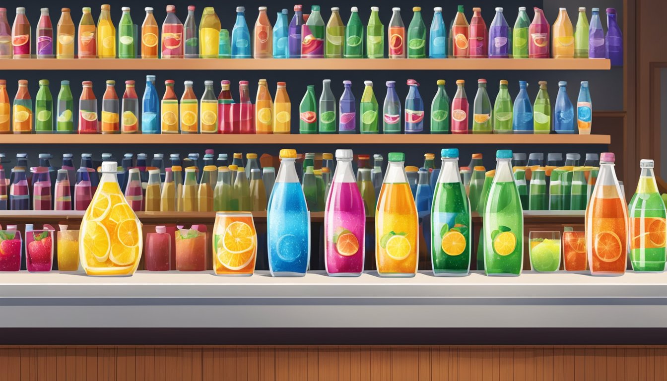 A colorful array of sugar-free fruit juices, diet sodas, and sparkling water bottles arranged on a bar counter