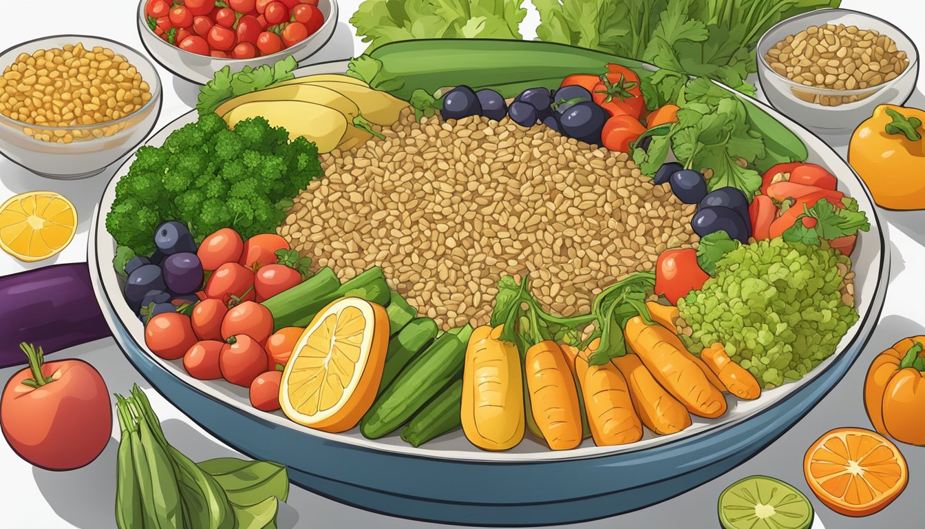 A bowl of cooked freekeh surrounded by a variety of fresh vegetables and fruits, highlighting its low glycemic index and nutritional benefits