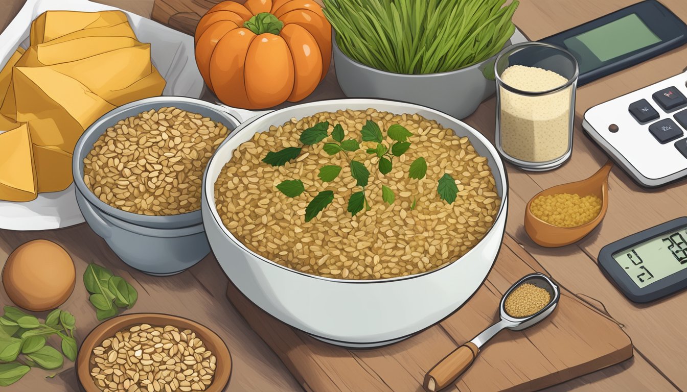 A bowl of cooked freekeh surrounded by various foods with low glycemic index, and a blood sugar level monitor in the background