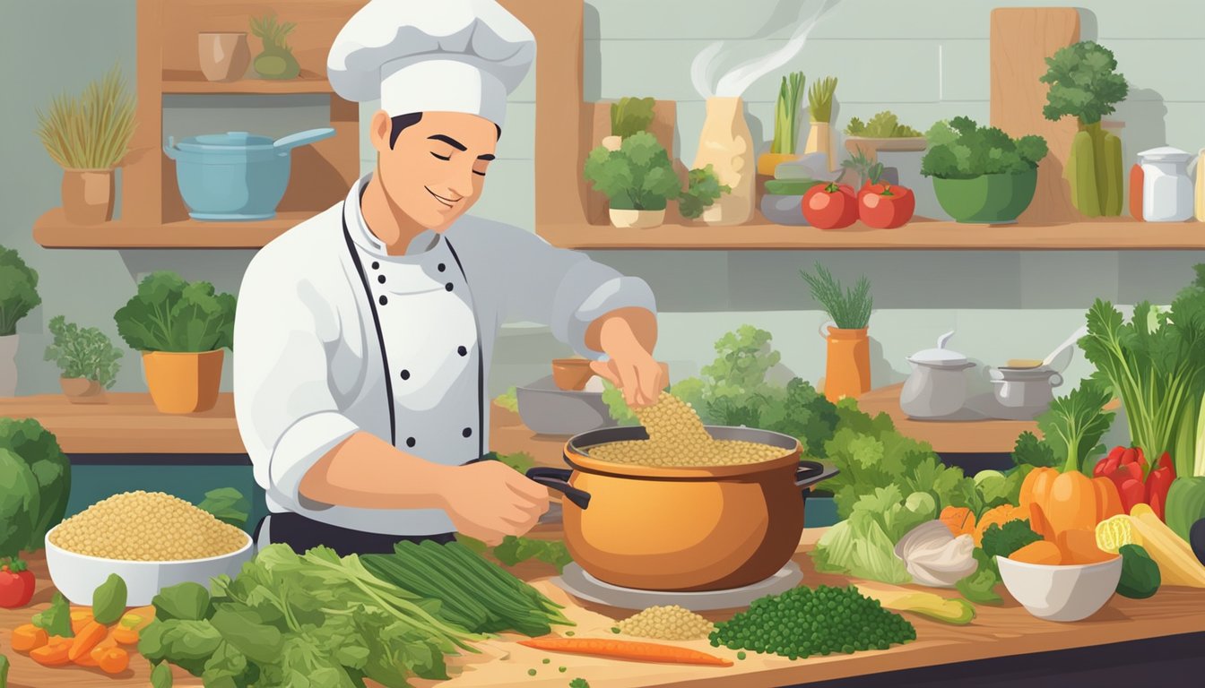 A chef adding freekeh to a steaming pot of soup, surrounded by colorful vegetables and herbs on a wooden cutting board