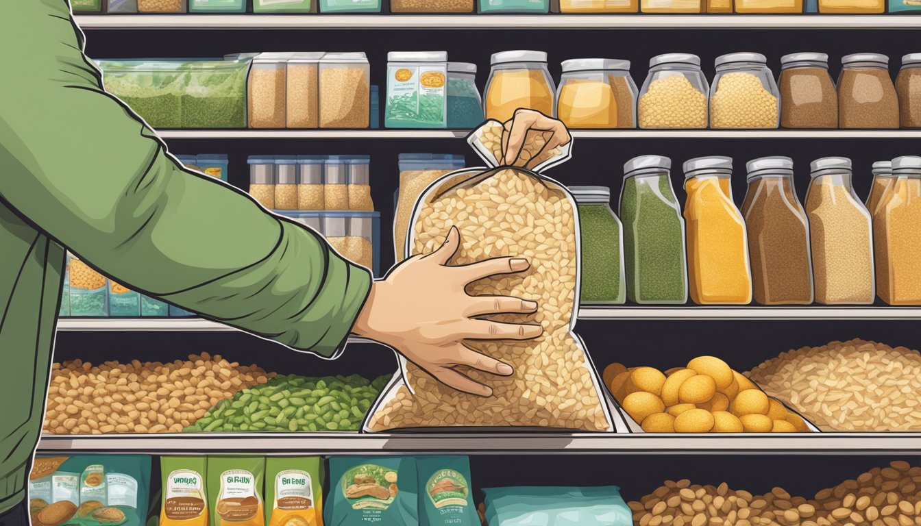 A hand reaching for a bag of freekeh on a grocery store shelf