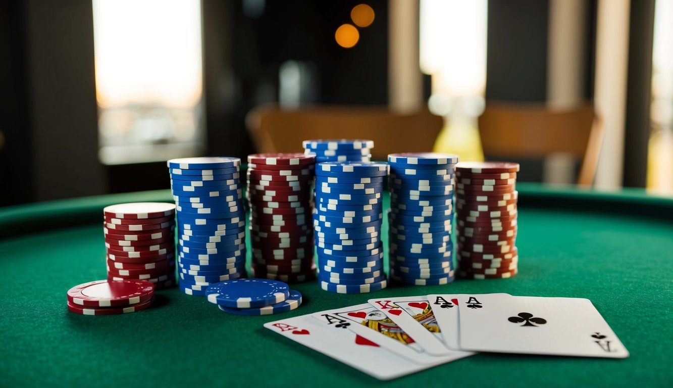 Sekelompok chip poker dan kartu bermain yang disusun di atas meja felt hijau