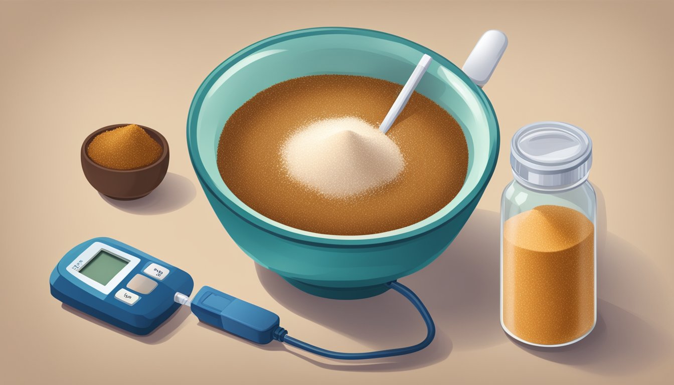 A bowl of muscovado sugar next to a blood sugar monitor showing a spike