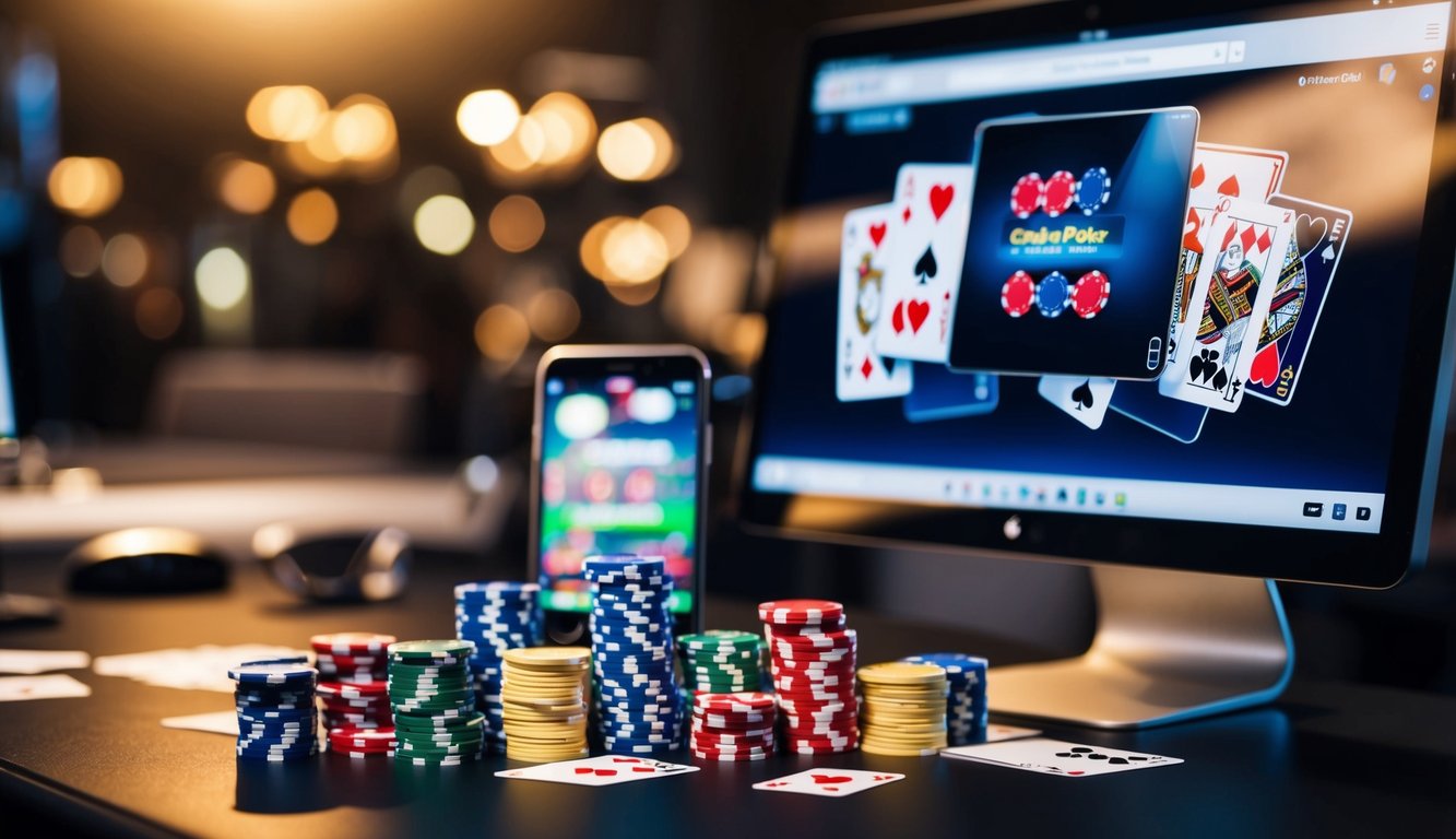 Sekelompok chip poker dan kartu bermain tersebar di atas meja dengan komputer atau smartphone yang menampilkan permainan poker online