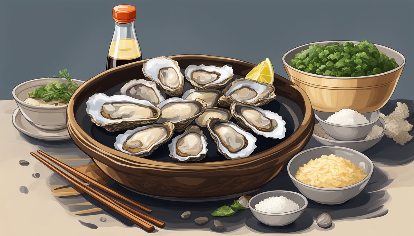 A bottle of oyster sauce surrounded by fresh oysters and a bowl of steamed rice