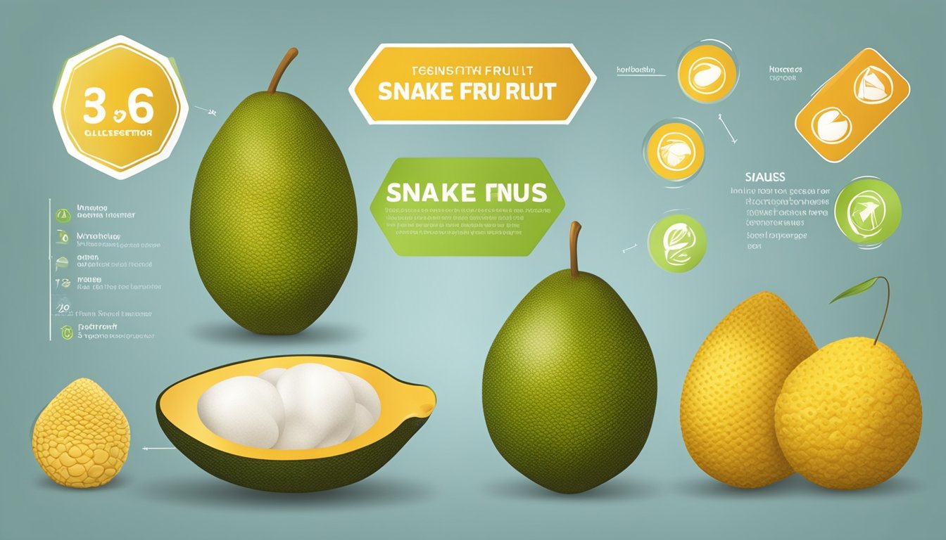 A snake fruit sits next to a glycemic index chart, surrounded by warning signs and allergic reaction symptoms