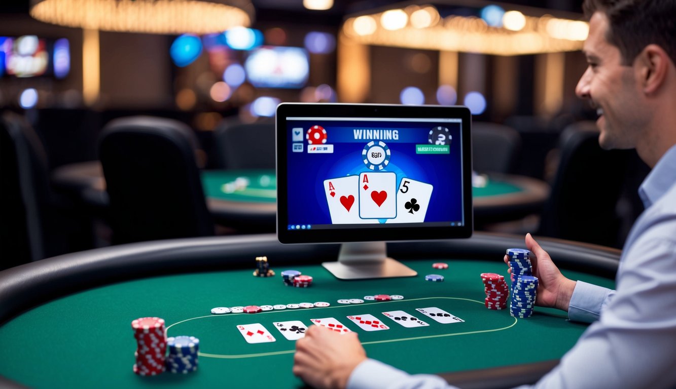 Sebuah meja poker dengan kartu dan chip virtual, layar komputer yang menampilkan tangan menang, dan ekspresi kemenangan di wajah pemain