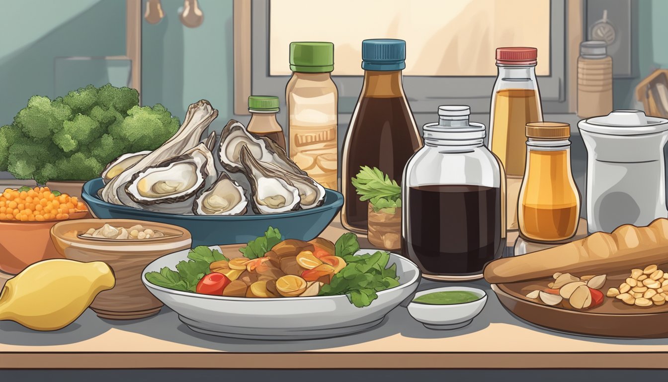 A small bottle of oyster sauce surrounded by a variety of low and high glycemic index foods on a kitchen counter