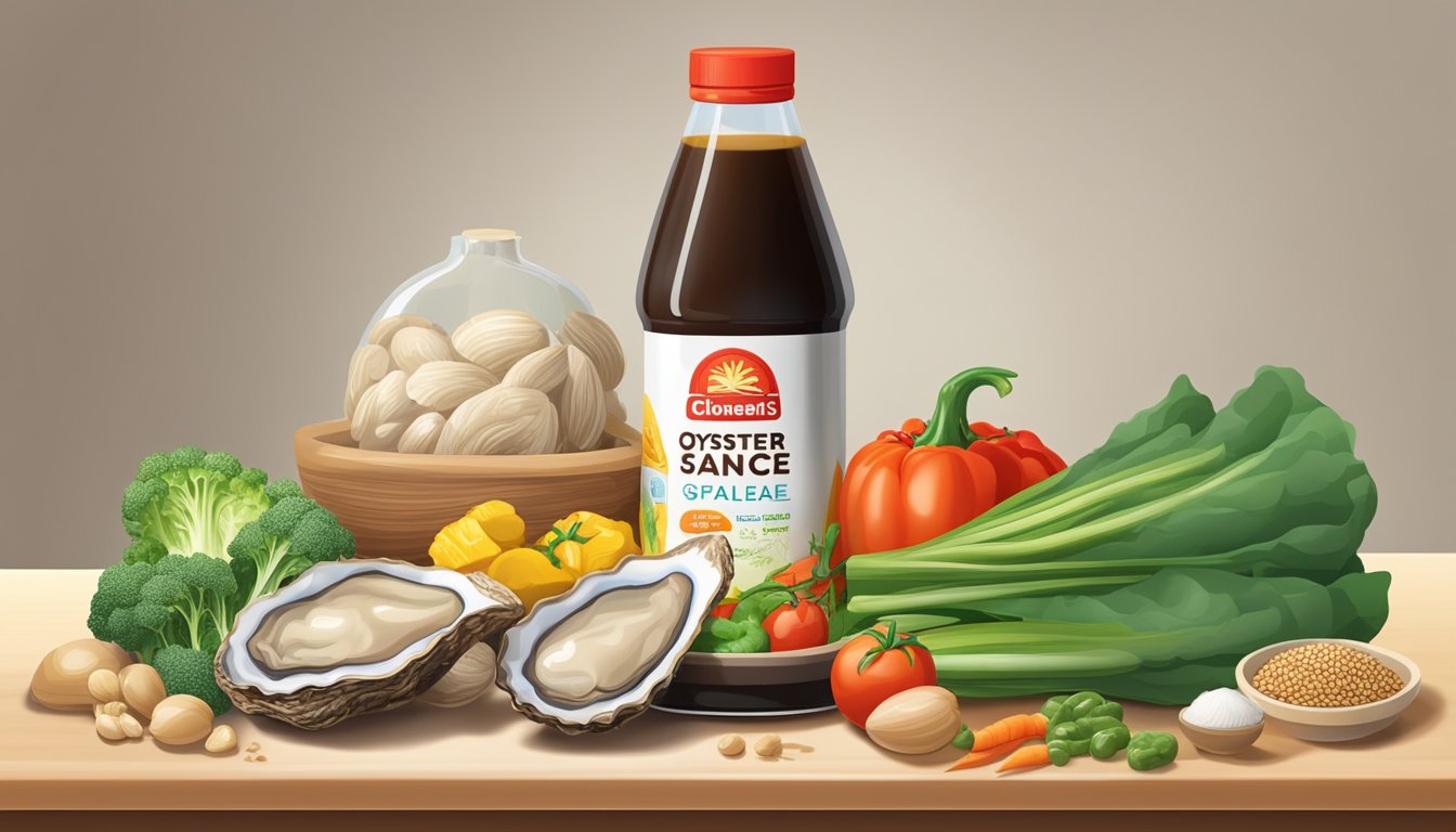 A bottle of oyster sauce next to a variety of low glycemic index vegetables and grains on a kitchen counter