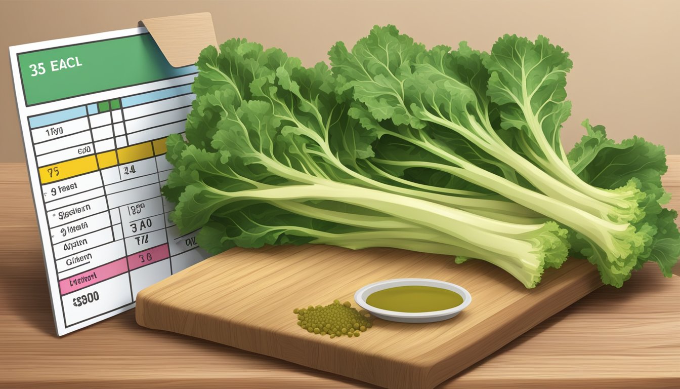 A bunch of mustard greens arranged on a wooden cutting board, with a nutrition label and a glycemic index chart displayed next to it