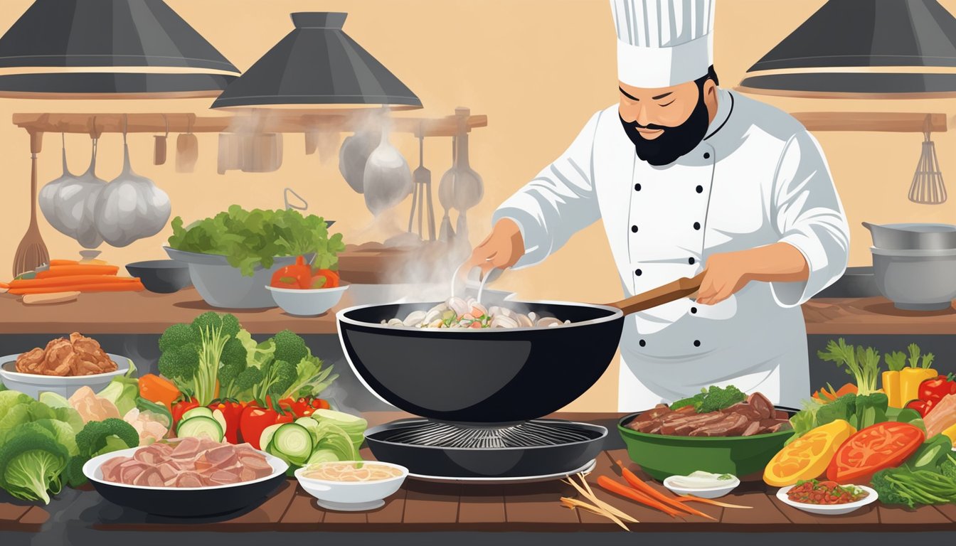 A chef pouring oyster sauce into a sizzling wok surrounded by various fresh vegetables and meats