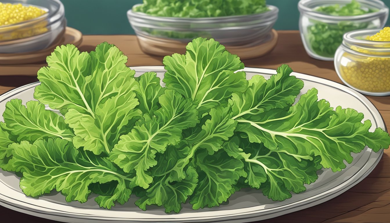 A plate of fresh mustard greens arranged in a vibrant and appetizing manner, with a focus on the texture and color of the leaves