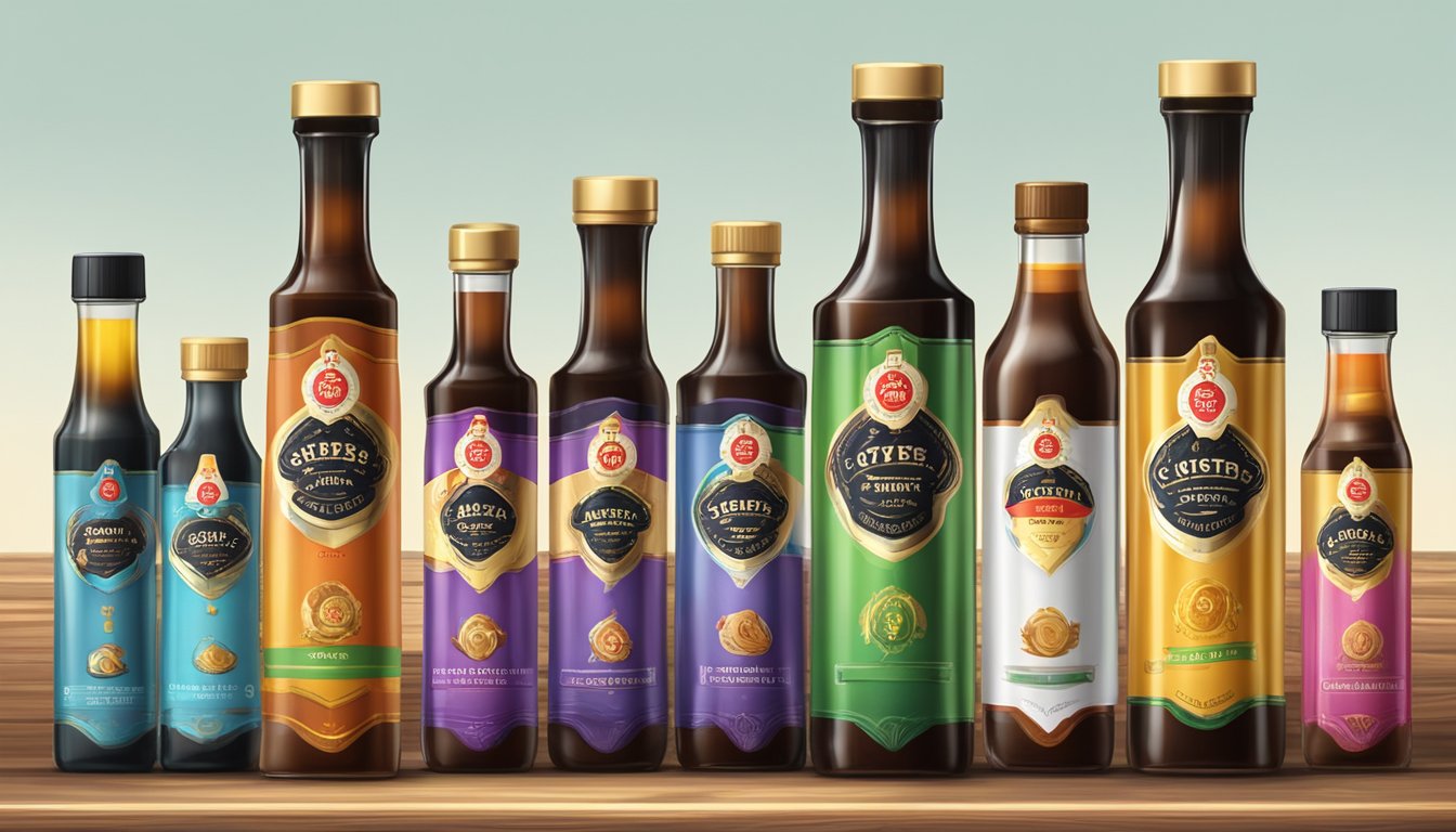 A variety of oyster sauce bottles arranged on a wooden table with different labels and colors