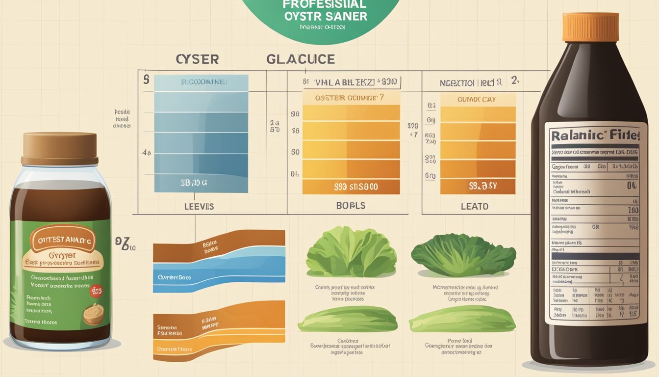 A bottle of oyster sauce next to a chart showing different glycemic index levels for various diets