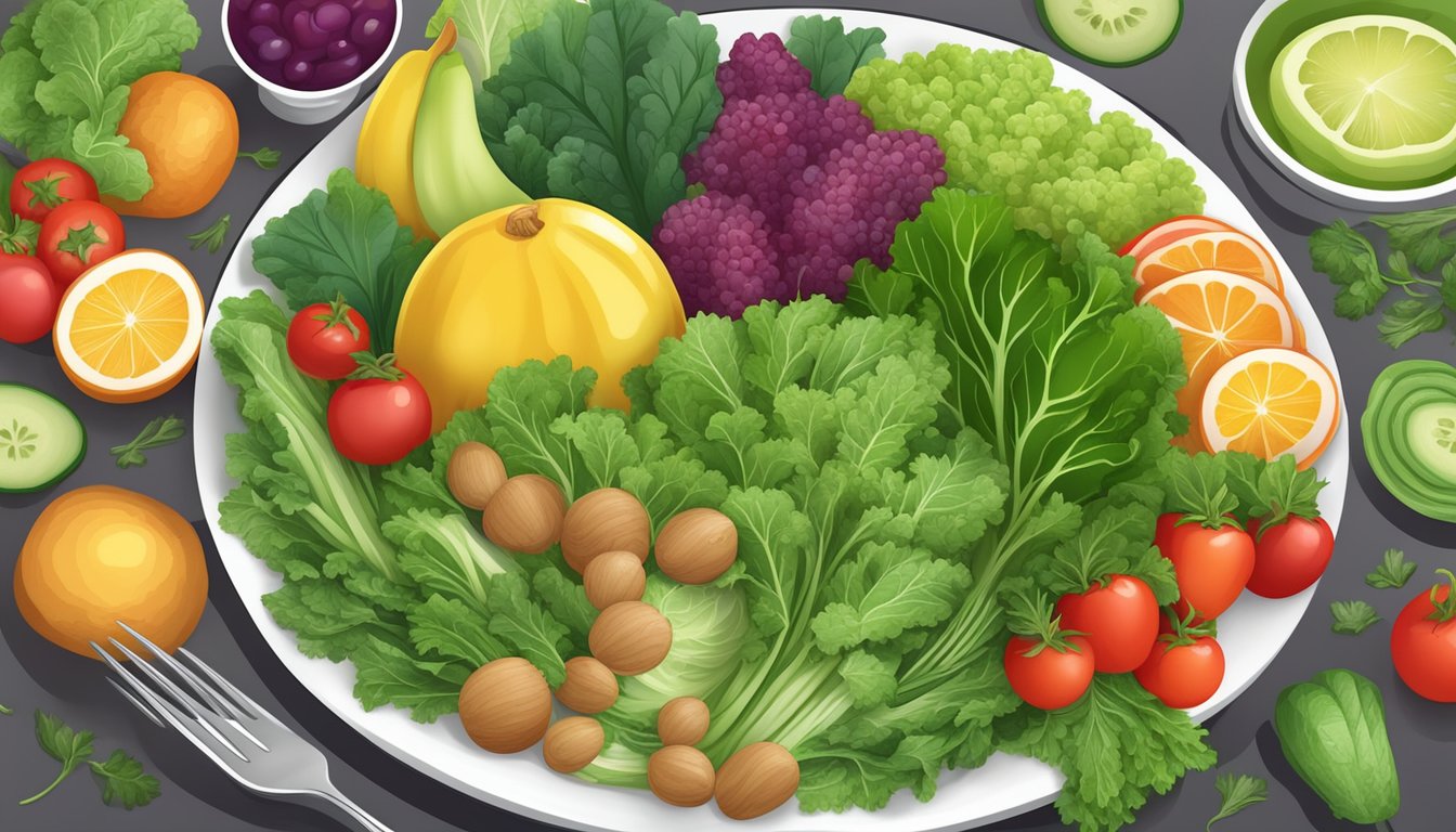 A plate of fresh mustard greens surrounded by a variety of colorful vegetables and fruits, symbolizing the health benefits for individuals with diabetes