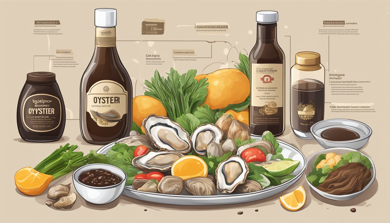 A bottle of oyster sauce surrounded by various fresh ingredients and a nutrition label displaying the glycemic index