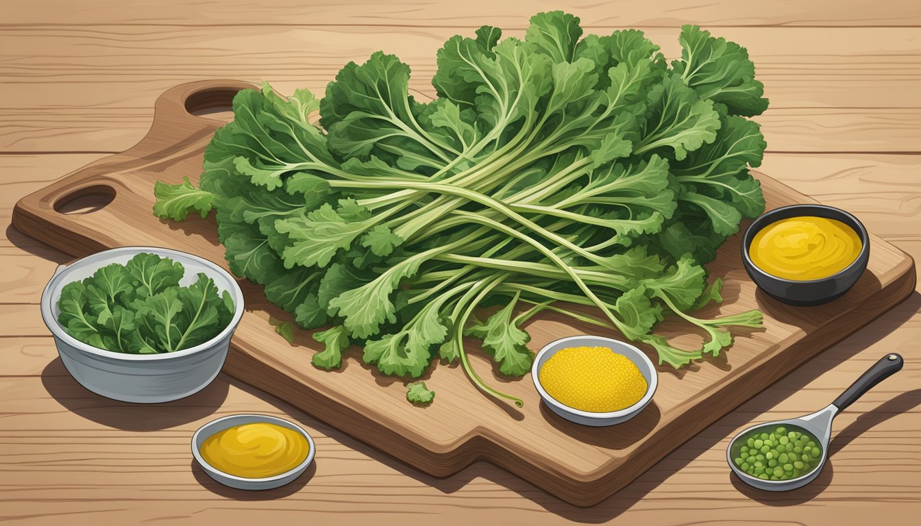 A vibrant bunch of mustard greens arranged on a wooden cutting board, surrounded by various cooking utensils and serving dishes