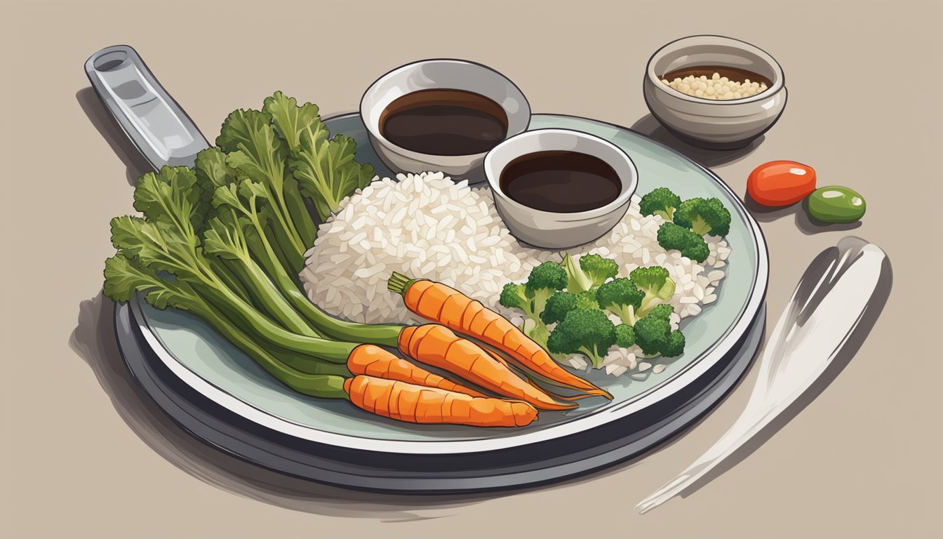 A small bottle of oyster sauce placed next to a plate of mixed vegetables and a bowl of rice