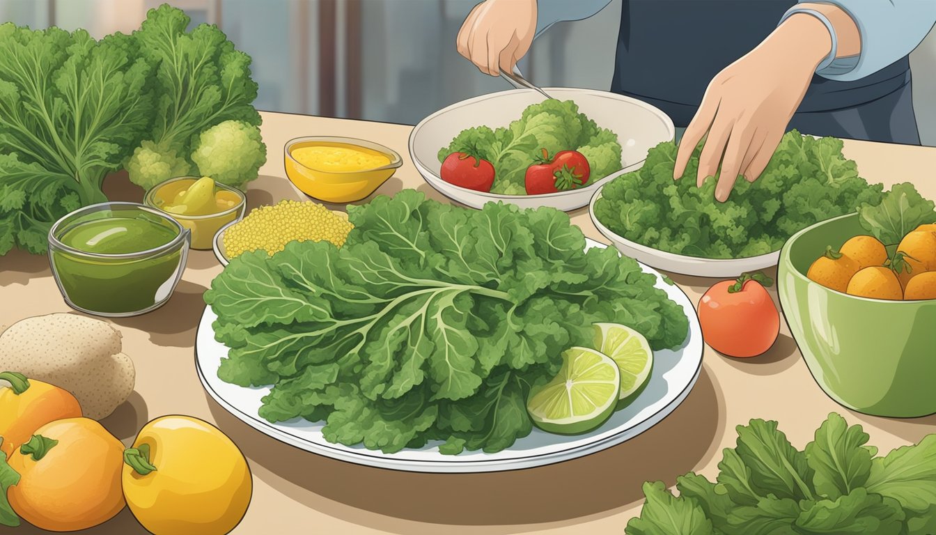 A plate of mustard greens surrounded by fresh fruits and vegetables, with a person exercising in the background