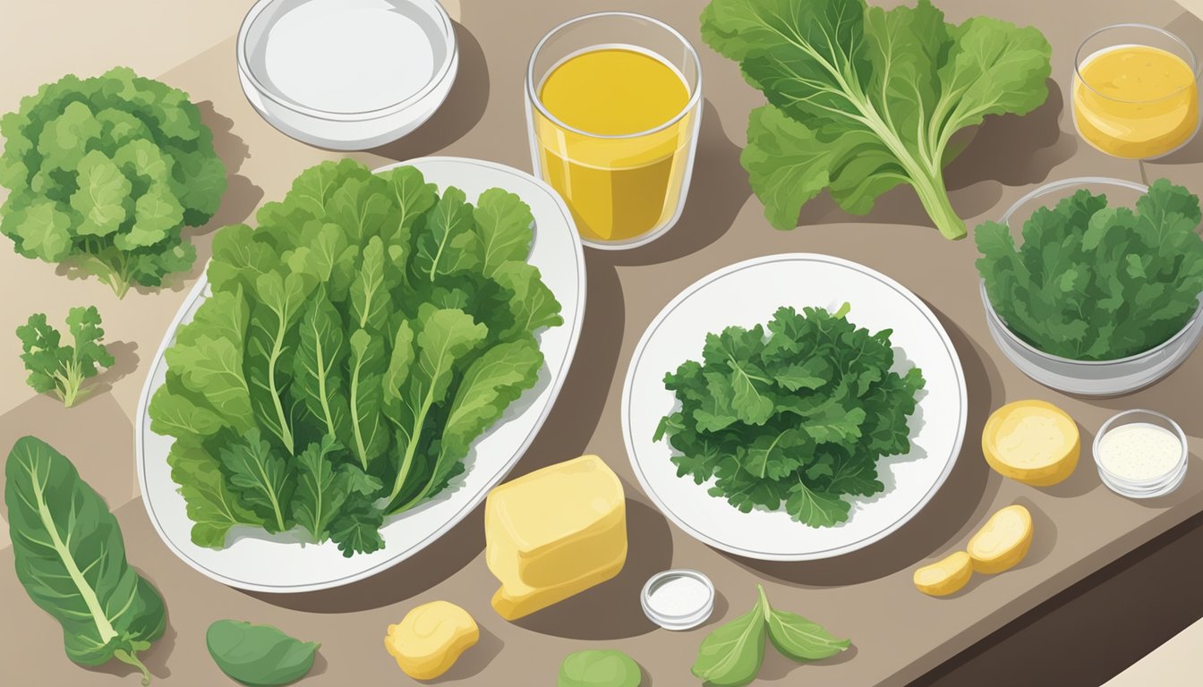 A plate with various types of greens arranged in a row, with a focus on mustard greens. A glycemic index chart is displayed nearby for comparison