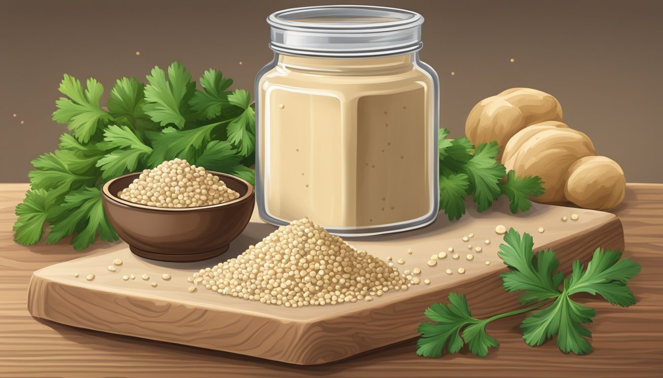 A small jar of tahini surrounded by sesame seeds and a sprig of fresh parsley on a wooden cutting board