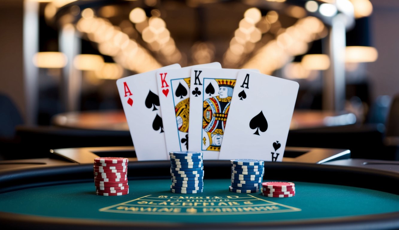 Meja blackjack online yang ramping dan modern dengan kartu dan chip virtual, dikelilingi latar belakang yang canggih dengan suasana profesional dan dapat dipercaya.